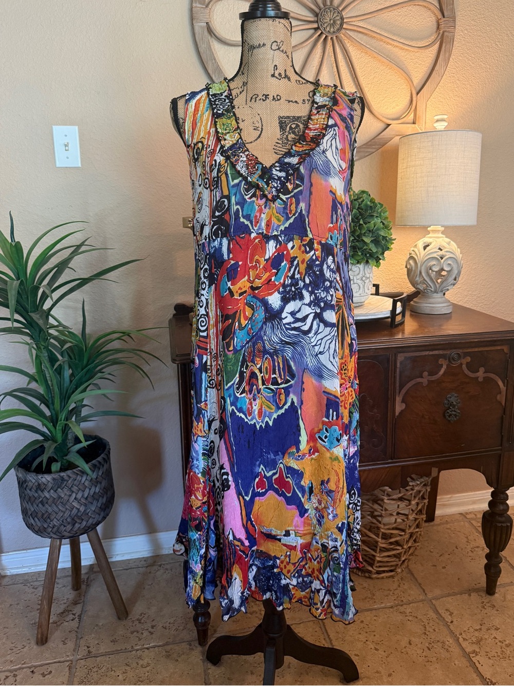 Alberto Makali Multicolor Abstract & Floral Maxi Dress with Ruffle Trim